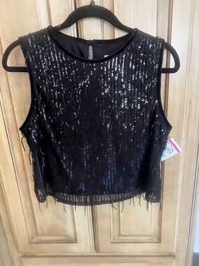 NWT  Avec Les Filles Black Sequin Sleeveless Tank Top M